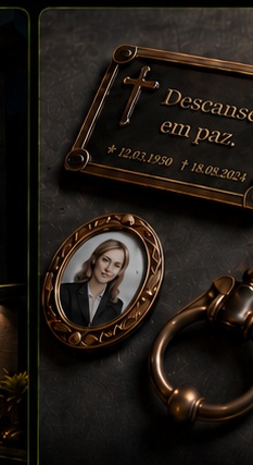 Placa memorial, foto de porcelana e acessório metálico para cemitério